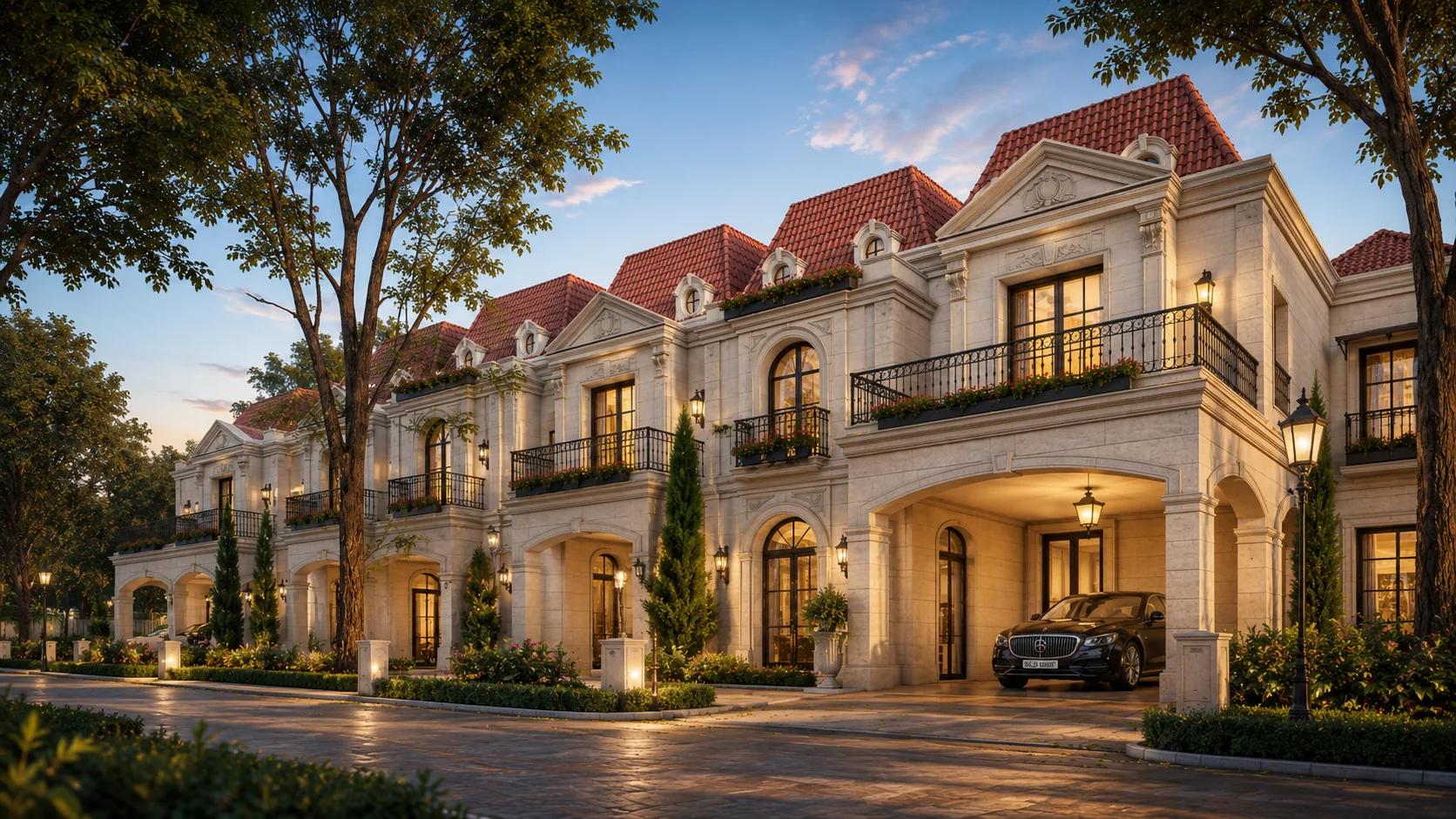 Godrej French-style row villa street at dusk, Soukya Road Whitefield