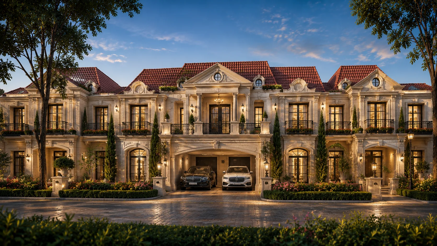 Grand French-style villa elevation with covered parking