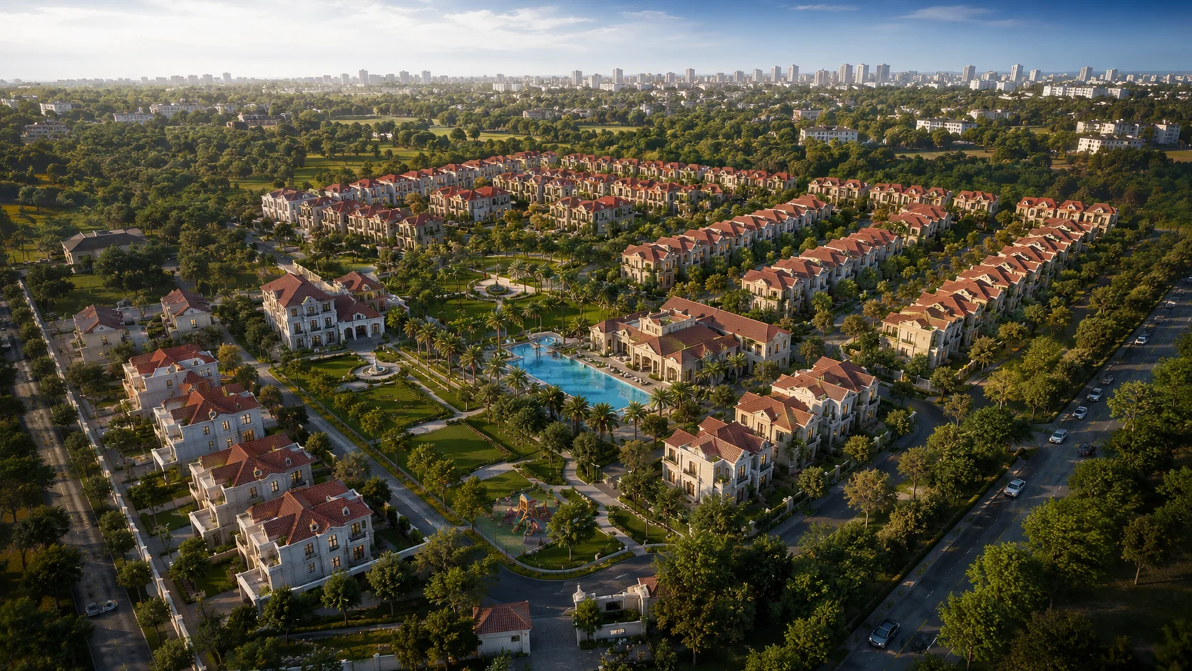 Aerial masterplan of the 20-acre villa township with clubhouse and pool