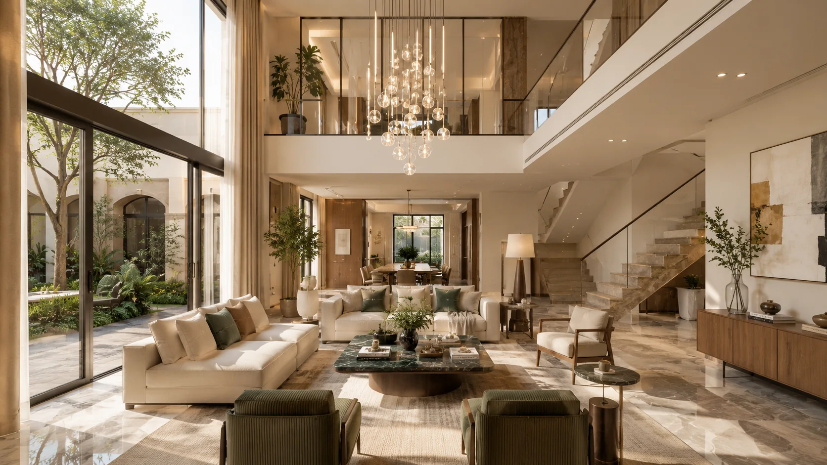 Double-height luxury villa living room interior