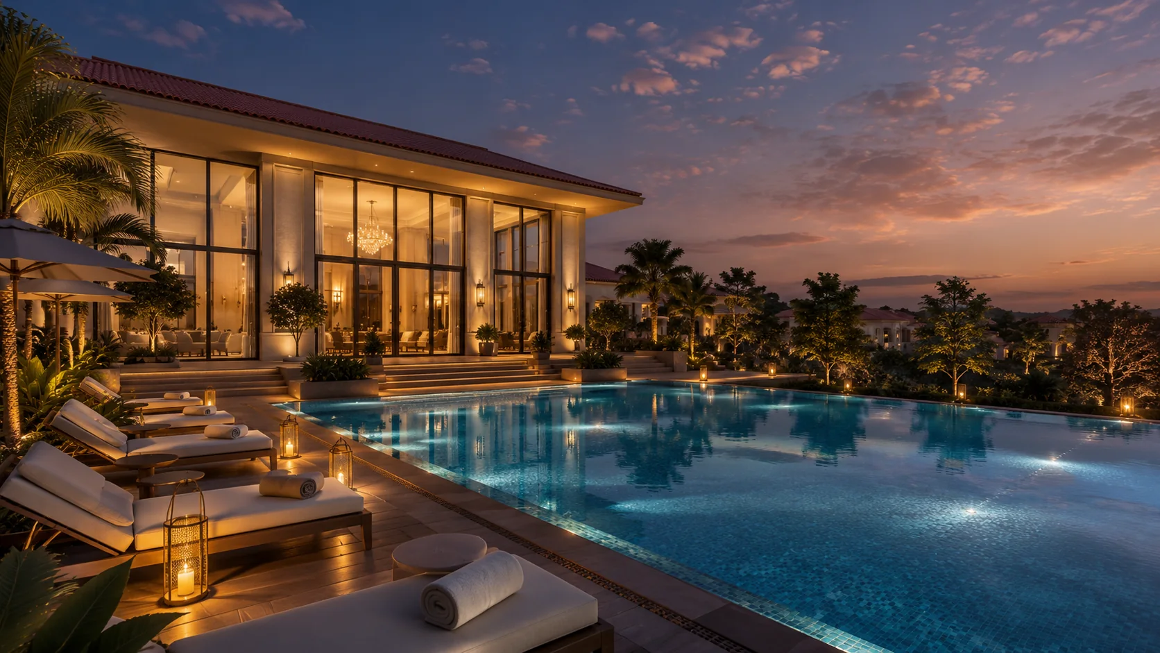 Resort-style pool and clubhouse at dusk