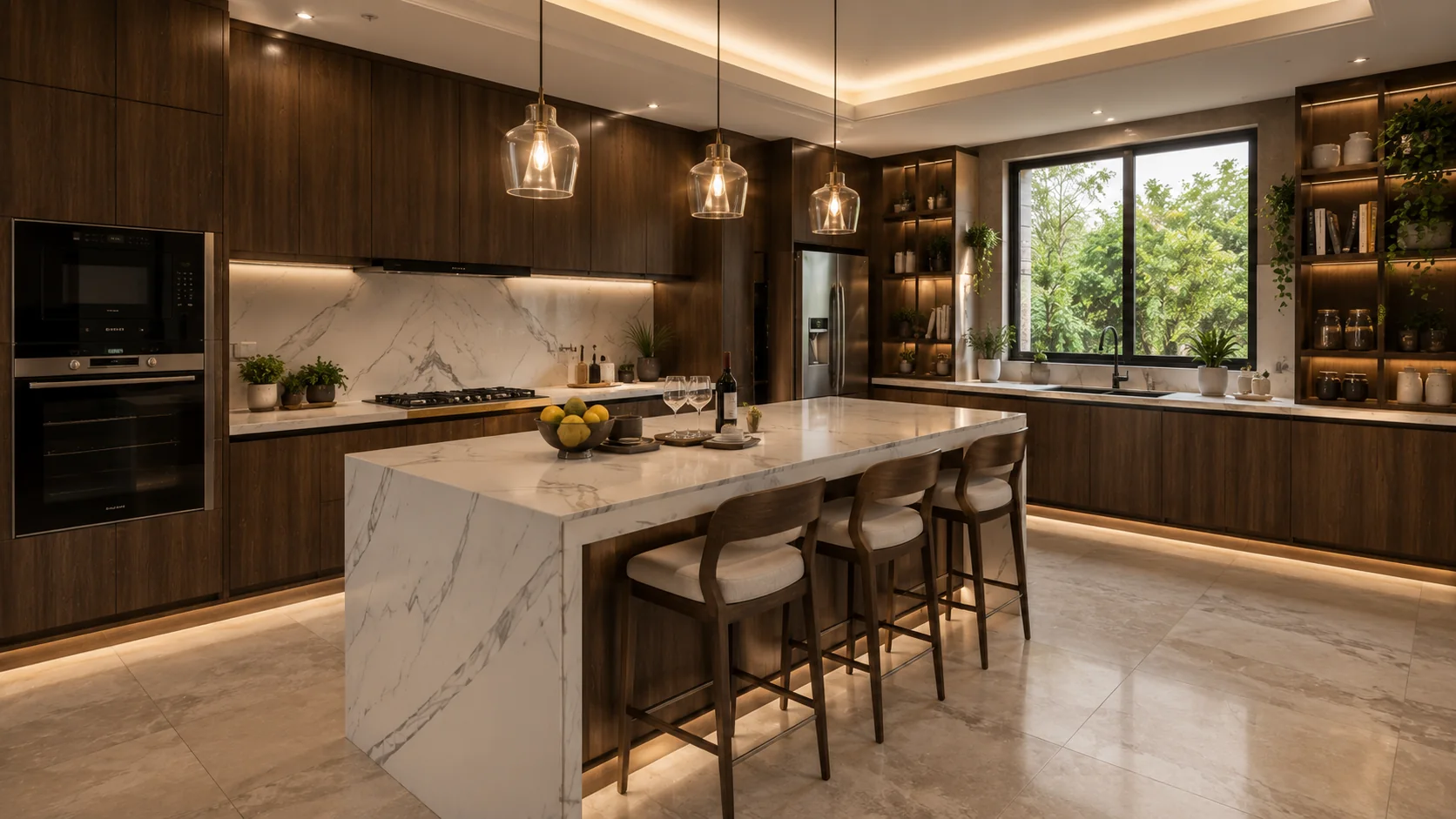 Villa modular kitchen with marble island