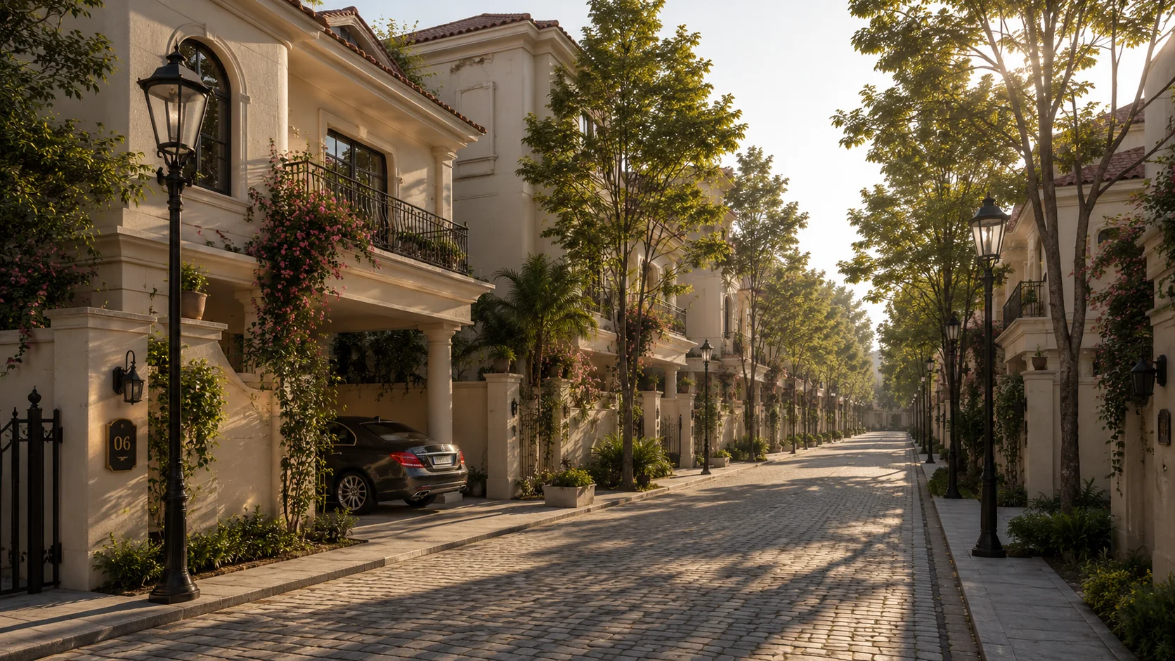 Tree-lined cobblestone villa avenue